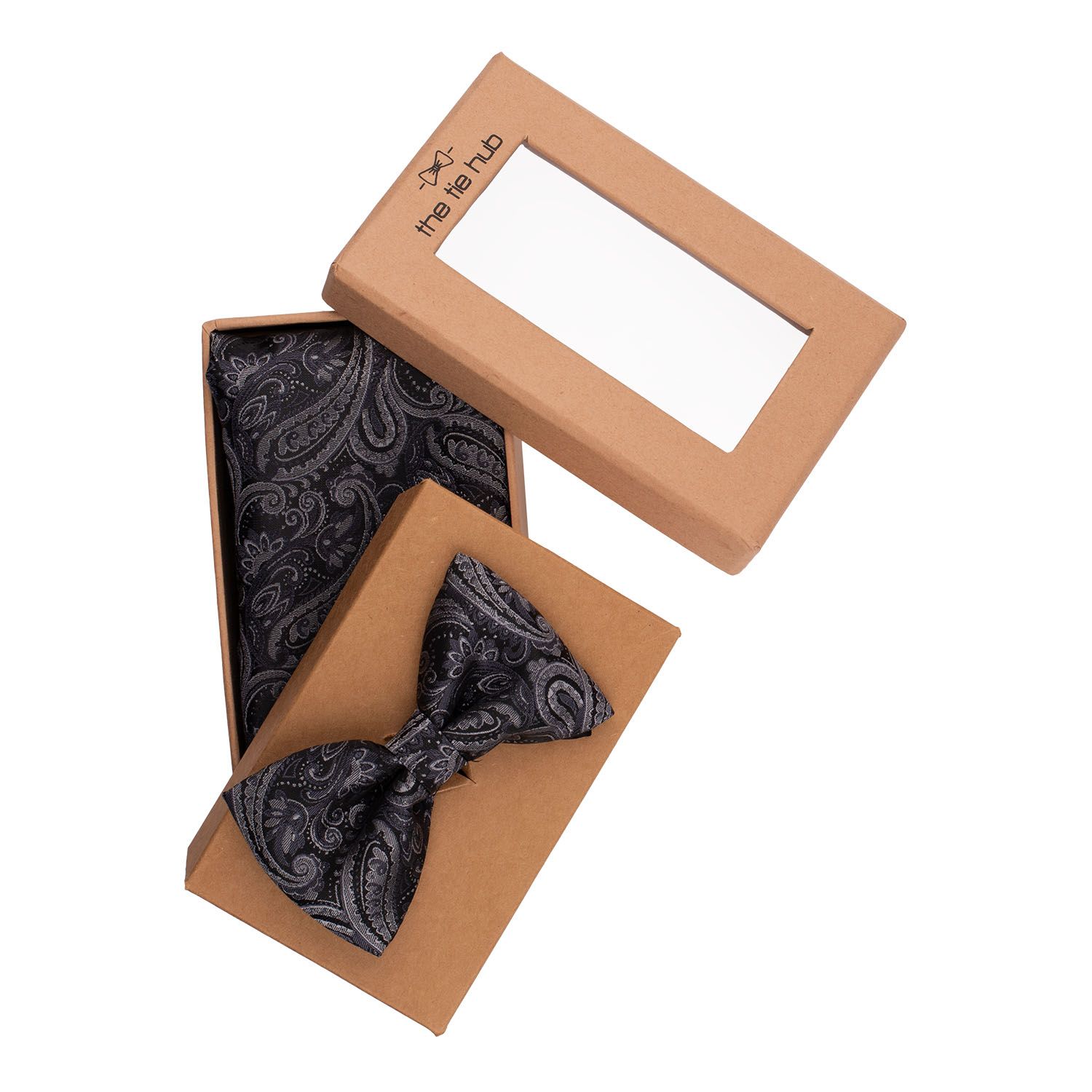 Custom Grey Paisley Bow Tie and Pocket Square Gift Set for Men