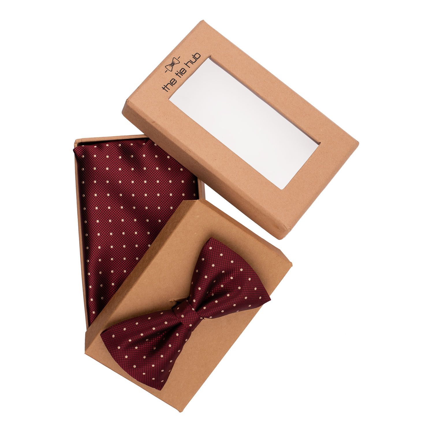 Revolve Maroon and Yellow Mini Polka Bow Tie and Pocket Square Gift Set for Men