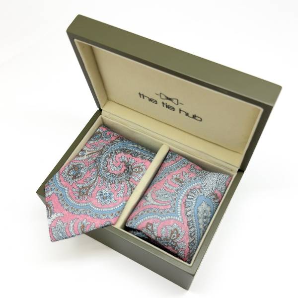 Pink and Blue Paisley Italian Silk Necktie and Pocket Square Set Gift Set for Men