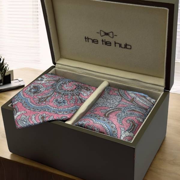 Pink and Blue Paisley Italian Silk Necktie and Pocket Square Set Gift Set for Men