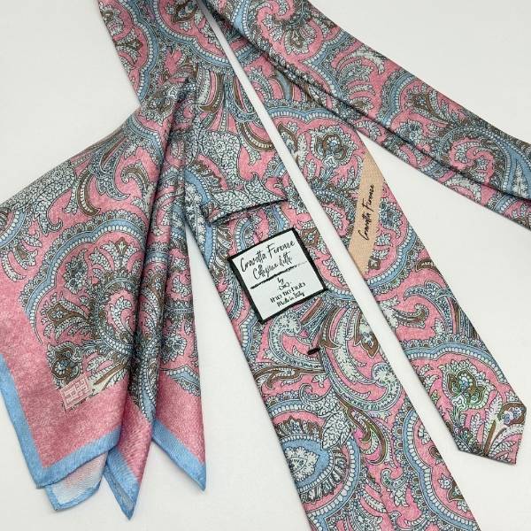 Pink and Blue Paisley Italian Silk Necktie and Pocket Square Set Gift Set for Men