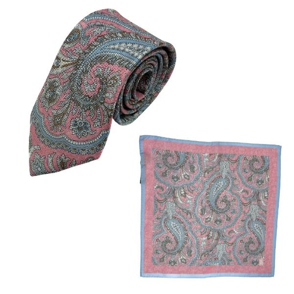 Pink and Blue Paisley Italian Silk Necktie and Pocket Square Set Gift Set for Men