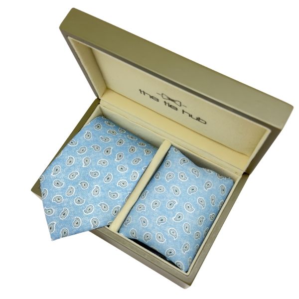 Light Blue Paisley Italian Silk Necktie and Pocket Square Set Gift Set for Men