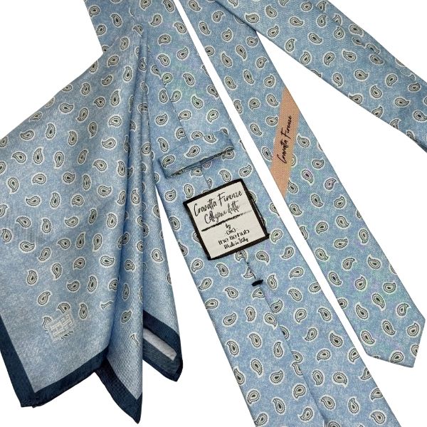 Light Blue Paisley Italian Silk Necktie and Pocket Square Set Gift Set for Men