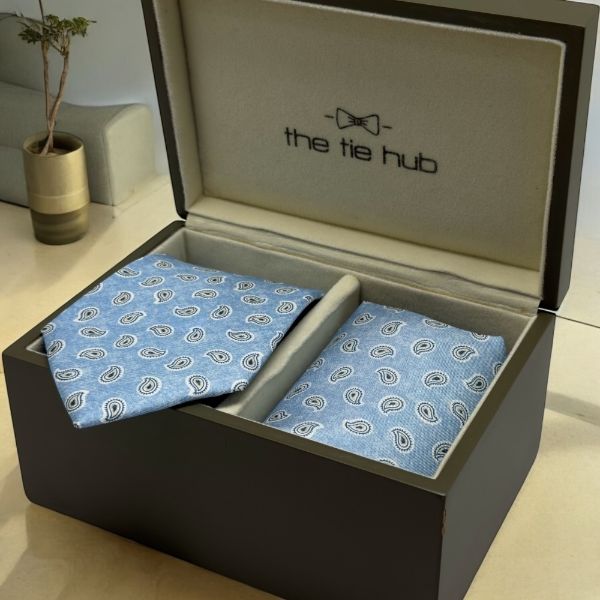 Light Blue Paisley Italian Silk Necktie and Pocket Square Set Gift Set for Men