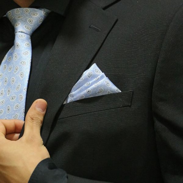 Light Blue Paisley Italian Silk Necktie and Pocket Square Set Gift Set for Men