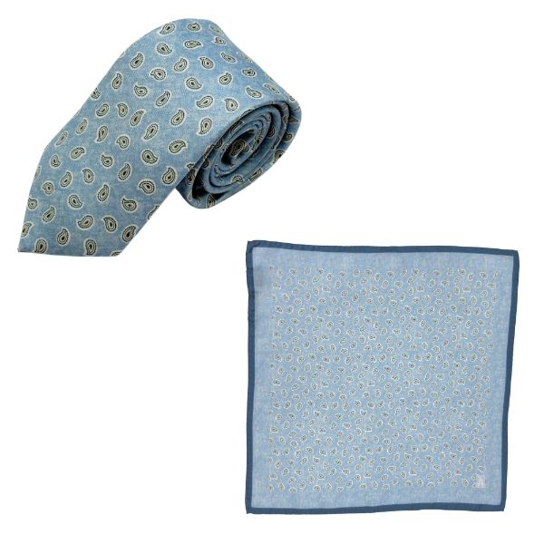 Light Blue Paisley Italian Silk Necktie and Pocket Square Set Gift Set for Men