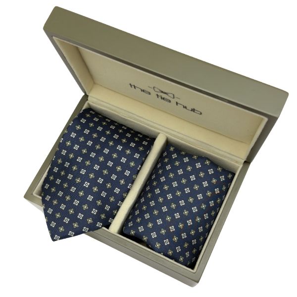 Navy Blue Geometric Italian Silk Necktie and Pocket Square Set Gift Set for Men