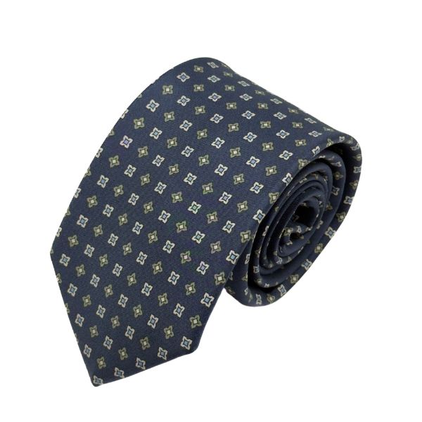 Navy Blue Geometric Italian Silk Necktie and Pocket Square Set Gift Set for Men