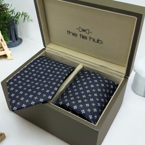 Navy Blue Geometric Italian Silk Necktie and Pocket Square Set Gift Set for Men