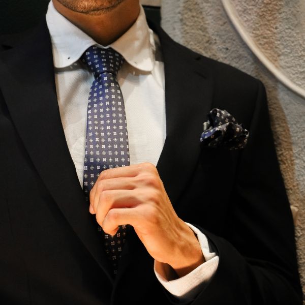 Navy Blue Geometric Italian Silk Necktie and Pocket Square Set Gift Set for Men