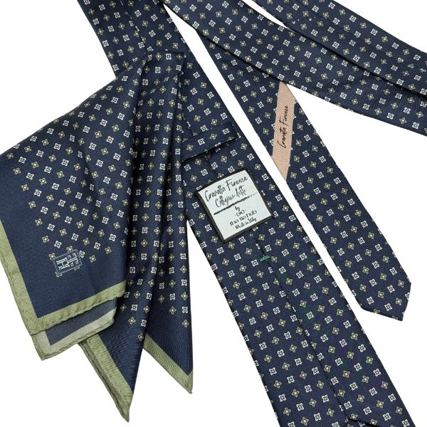 Navy Blue Geometric Italian Silk Necktie and Pocket Square Set Gift Set for Men