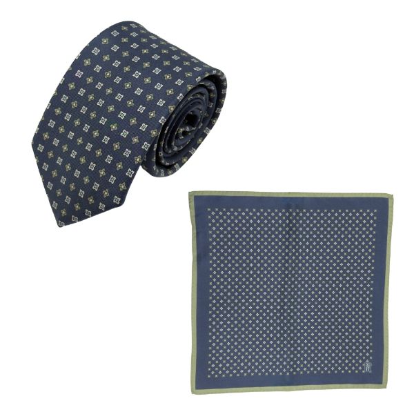 Navy Blue Geometric Italian Silk Necktie and Pocket Square Set Gift Set for Men