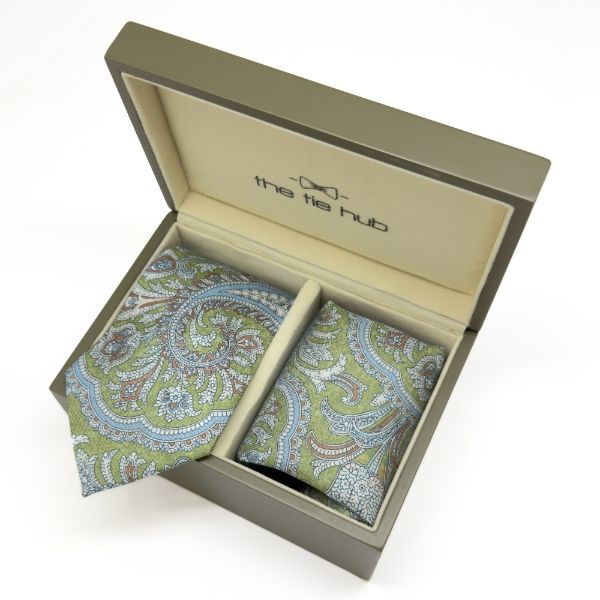 Green and Blue Paisley Italian Silk Necktie and Pocket Square Set Gift Set for Men