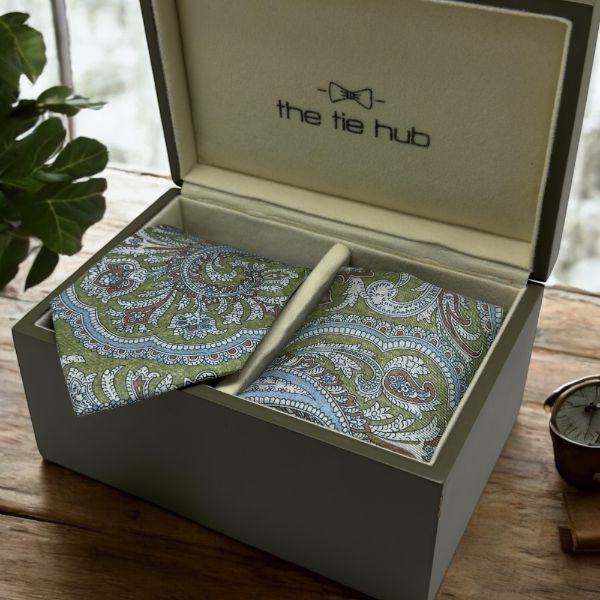 Green and Blue Paisley Italian Silk Necktie and Pocket Square Set Gift Set for Men