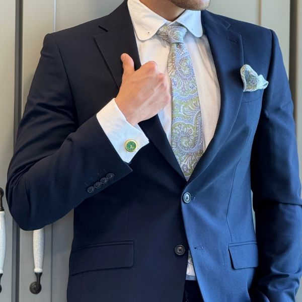 Green and Blue Paisley Italian Silk Necktie and Pocket Square Set Gift Set for Men