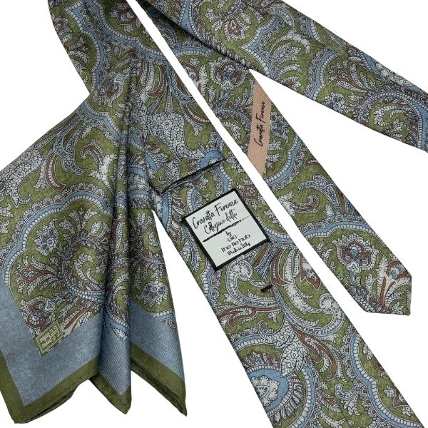Green and Blue Paisley Italian Silk Necktie and Pocket Square Set Gift Set for Men