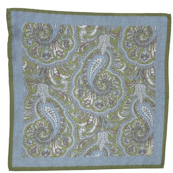 Green and Blue Paisley Italian Silk Necktie and Pocket Square Set Gift Set for Men