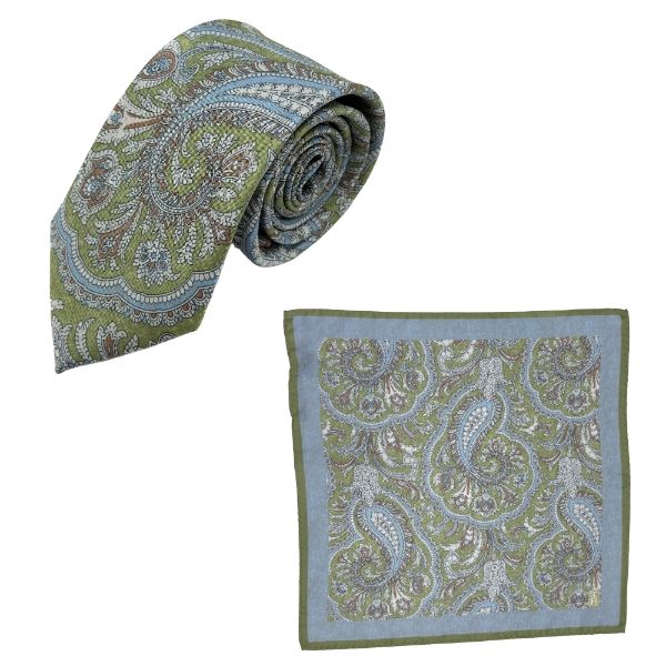 Green and Blue Paisley Italian Silk Necktie and Pocket Square Set Gift Set for Men
