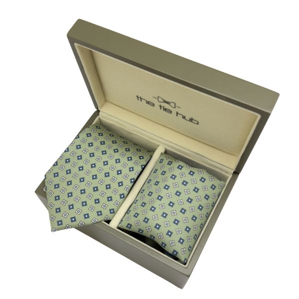 Sage Green Geometric Italian Silk Necktie and Pocket Square Set Gift Set for Men