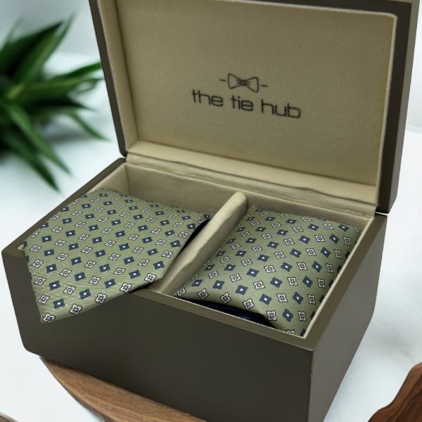 Sage Green Geometric Italian Silk Necktie and Pocket Square Set Gift Set for Men
