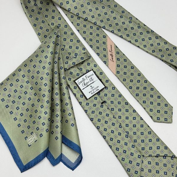 Sage Green Geometric Italian Silk Necktie and Pocket Square Set Gift Set for Men