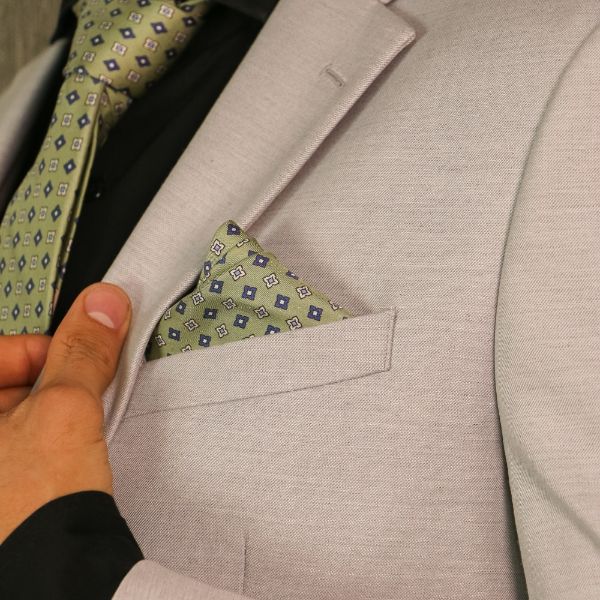 Sage Green Geometric Italian Silk Necktie and Pocket Square Set Gift Set for Men