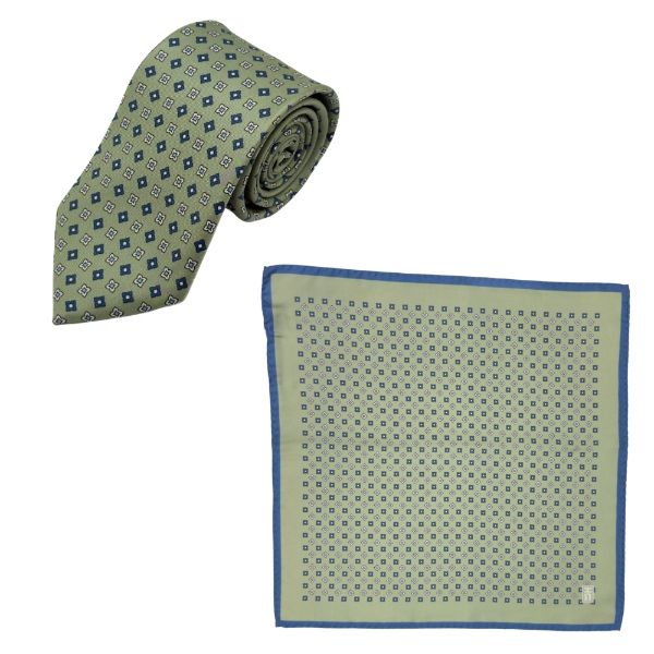 Sage Green Geometric Italian Silk Necktie and Pocket Square Set Gift Set for Men