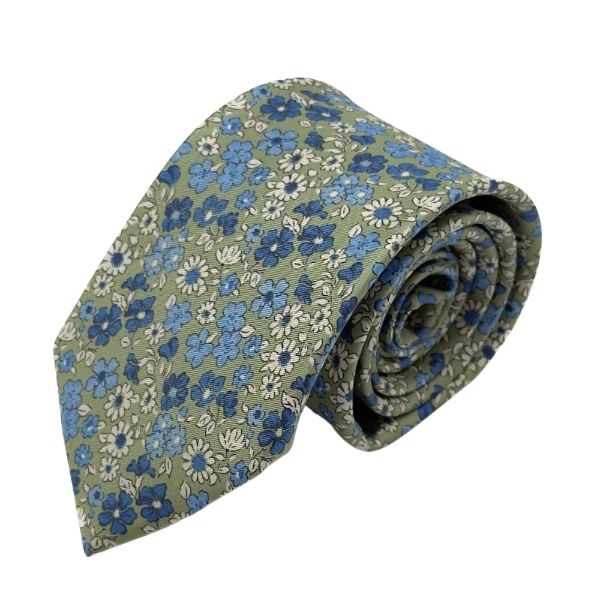 Green Floral Print Italian Silk Necktie and Pocket Square Set Gift Set for Men