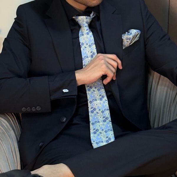 Green Floral Print Italian Silk Necktie and Pocket Square Set Gift Set for Men