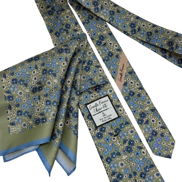 Green Floral Print Italian Silk Necktie and Pocket Square Set Gift Set for Men