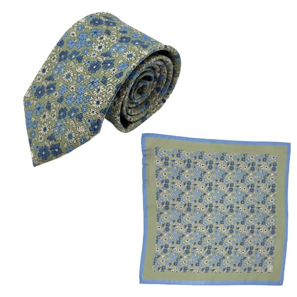 Green Floral Print Italian Silk Necktie and Pocket Square Set Gift Set for Men