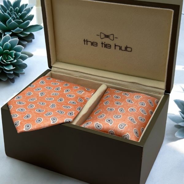 Orange Paisley Italian Silk Necktie and Pocket Square Set Gift Set for Men