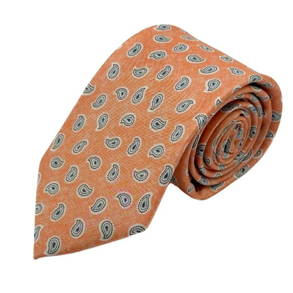 Orange Paisley Italian Silk Necktie and Pocket Square Set Gift Set for Men
