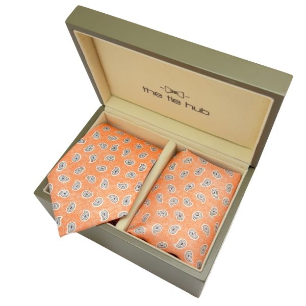 Orange Paisley Italian Silk Necktie and Pocket Square Set Gift Set for Men