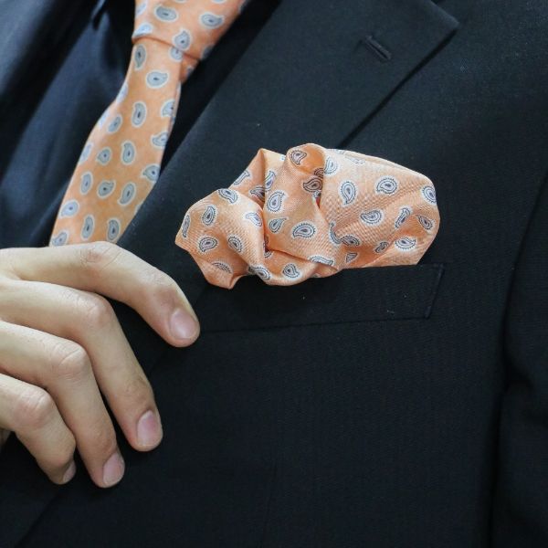 Orange Paisley Italian Silk Necktie and Pocket Square Set Gift Set for Men