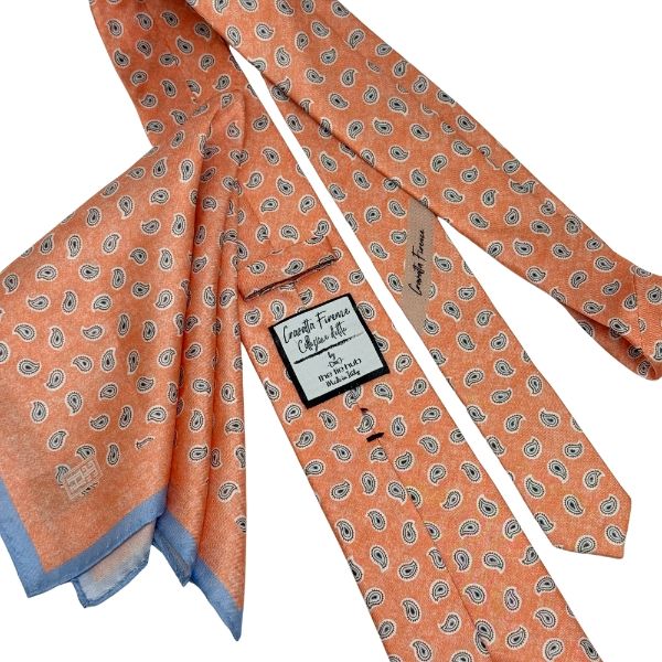 Orange Paisley Italian Silk Necktie and Pocket Square Set Gift Set for Men