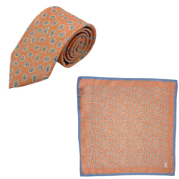 Orange Paisley Italian Silk Necktie and Pocket Square Set Gift Set for Men