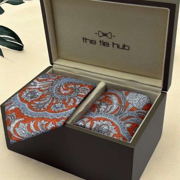 Orange Floral Print Italian Silk Necktie and Pocket Square Set Gift Set for Men
