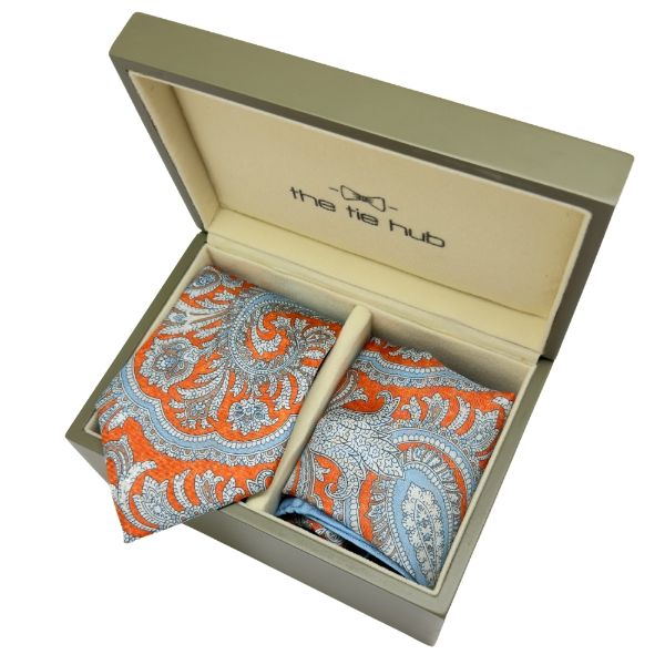 Orange Floral Print Italian Silk Necktie and Pocket Square Set Gift Set for Men