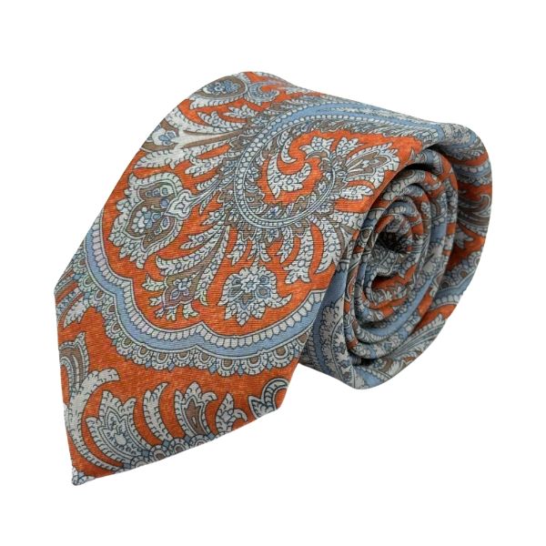 Orange Floral Print Italian Silk Necktie and Pocket Square Set Gift Set for Men