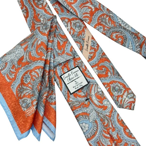Orange Floral Print Italian Silk Necktie and Pocket Square Set Gift Set for Men