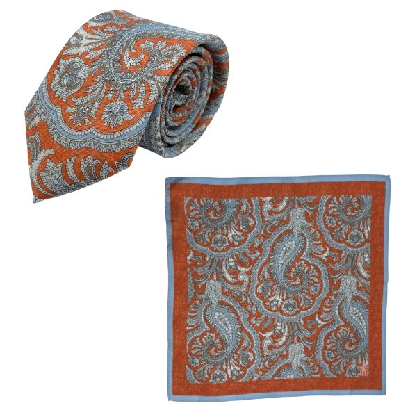Orange Floral Print Italian Silk Necktie and Pocket Square Set Gift Set for Men
