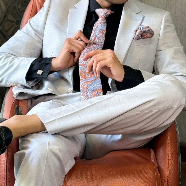 Orange Floral Print Italian Silk Necktie and Pocket Square Set Gift Set for Men