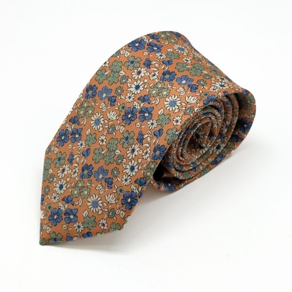 Orange Floral Print Italian Silk Necktie and Pocket Square Set Gift Set for Men