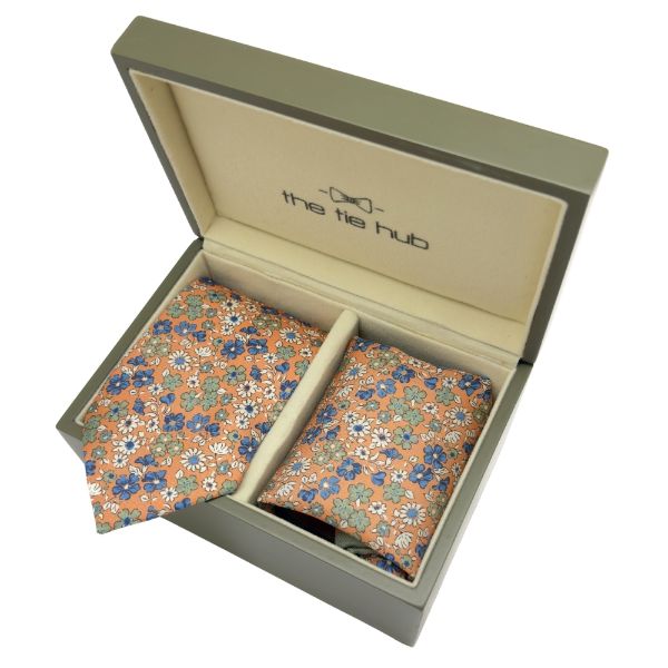 Orange Floral Print Italian Silk Necktie and Pocket Square Set Gift Set for Men