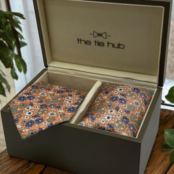 Orange Floral Print Italian Silk Necktie and Pocket Square Set Gift Set for Men