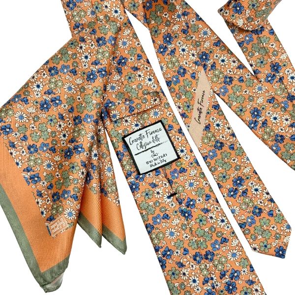 Orange Floral Print Italian Silk Necktie and Pocket Square Set Gift Set for Men