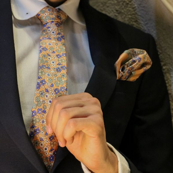 Orange Floral Print Italian Silk Necktie and Pocket Square Set Gift Set for Men