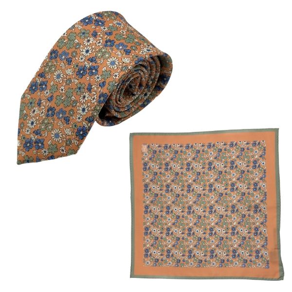 Orange Floral Print Italian Silk Necktie and Pocket Square Set Gift Set for Men